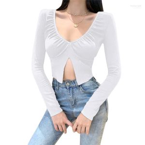 Kadın Tişörtleri Kadın T-Shirt Kadın Seksi V-Yok Split Mahsul Üst Moda Uzun Kollu Düz Renk Kadınlar için Slim Out1