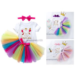 ins Baby Girl Cartoon Printed Tulle Romper Skirt Set Month Newborn Infant Tutu Dress Cotton Top Rainbow Skirts