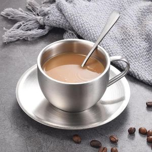 Mugs European Stainless Steel Coffee Cups Set Double-deck Thermal Insulation Mug Tea Milk With Saucer Mat Spoon