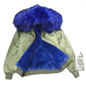 Giubbotto bomber in tessuto di nylon verde militare in pelliccia da donna da donna e da uomo, abbigliamento invernale alla moda con fodera e colletto in finto blu