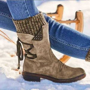 Kvinnor stövlar medium låg fat stor storlek Martin Boot S Autumn Winter New Square Heel Back Strap Wool Womens 0709