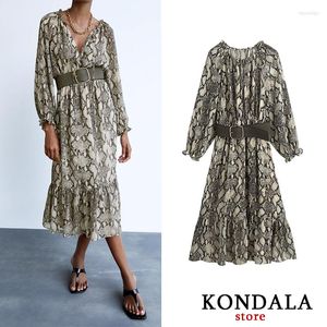 Casual Dresses Women Dress Vintage V-ringning Leopardtryck Sexig Mid-Calf l￥ng￤rmad h￶st A-Line Female Elegant Sashes Vestidos