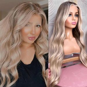 Mjuk blondin full spets mänskliga hår peruker förhandsgränsade långa vågor 13x6 front peruk för kvinnor transparent hd frontal 150%