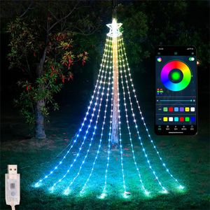 스마트 폭포 LED 현악기 RGB 크리스마스 요정 조명 9x2.8m Bluetooth App Water Flow String Light with Star Outdoor Garden Tree Garland