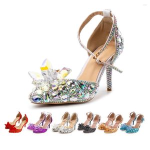 Sandaler kristallblommor Bruden Party Shoes Wedding Date Princess 8cm High Heels Ab Rhinestone Buckle Strap Female Pumps Summer