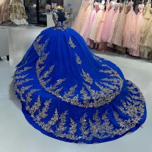 Glamous Quinceanera Elbiseler Altın Aplikler Sequin Tatlı Balo Elbise Geniş Kayış Kraliyet Mavi Meksika Vestidos De 15 Anos