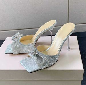 Slippers Evening Shoes Women 'S Designers Shoe Ladies Heeled Shiny Silver Crystal Embellished Double Bow Square Toe Slipper Mules Rhinestone Stiletto