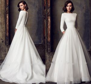 Elegant Satin Wedding Dress For Women 2023 White Three Quater Sleeves A-Line Pockets Vintage Bride Gowns Simple Robe De Mariee