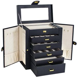 J￳ias J￳ias Akozlin Large Box Organizador Funcional Lockable Com Big Mirror Leather Storage Case para Mulheres Girls Ring Otiqj