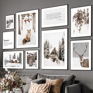 Malowanie na płótnie na ścianie świąteczne zimowe domy śnieżne jeleń nordycki plakaty i drukuje zdjęcia ścienne do dekoracji salonu bezszramu