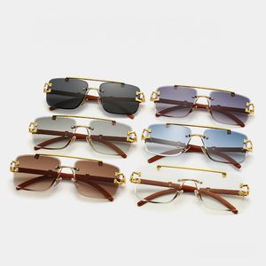 Óculos de Sol Piloto Quadrado Sem Aro Com Dobradiça Dourada Leopardo Especial Hastes Plásticas Woodgrain Vintage Aparando Óculos de Sol Atacado