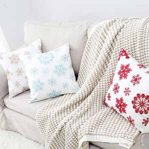 Poduszka dekoracyjna urocza płatki śniegu haftowane niebieskie czerwone płótno bawełniane haft kwadratowy 45x45 cm