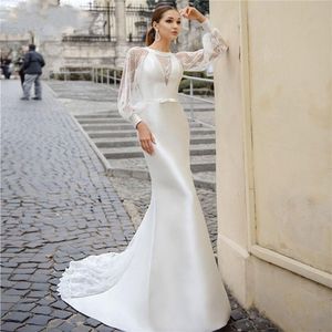 Long Lantern Sleeve Lace Satin Mermaid Wedding Dress 2023 Elegant O-Neck Beach Brudkl￤nningar med Bow Vestidos de Novia Robe de Mariage