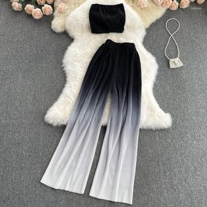 Frauen Zwei Stück Hosen Mujer Verano 2022 Koreanische Mode Anzug Sommer Kurze Plissee Rohr Sexy Top Breite Bein Hosen zwei-stück