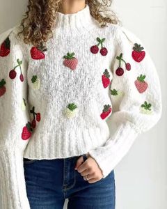 Kobiety Sweters Kobiety Śliczne truskawkowe szydełkowe kobiety Turtleeck Sweater Lantern Sleeve luźne proste 2022 jesień zimowe panie słodkie