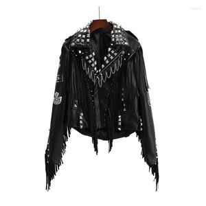 Women's Leather Fashion Chic Black Tassel Motorcycle Biker Jacket Women Studded Spikes Chain Print Punk Rock Clothes Plus Size XXXL