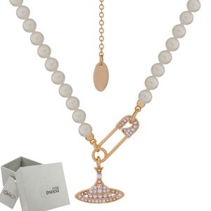 Saturn-Halskette mit gebogenem Stift, Perlen-Diamant-Tennis-Halskette, Damen-Silberketten, Vintage-Stil, trendiger Stil, mit Box
