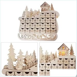 Decorações de Natal Sleigh Wooden Advent Calendar Countdown Decoração de Festa de Natal 24 DERS com LED Light Home Drop Delivery 2022 G DH08U