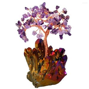 Jewelry Pouches 4" Natural Purple Crystal Money Tree & Gold Aura Titanium Cluster Base Bonsai Figurine For Wealth And Luck