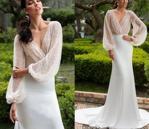 2023 lyxig br￶llopskl￤nning sexig v-ringning l￥ng puffy ￤rm boho brudkl￤nningar backless paljettp￤rlor satin vestidos de noiva robe de mariage