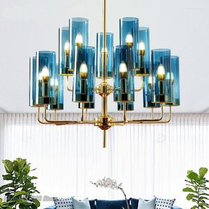 Lampadari Lampadario moderno in vetro di lusso 6-15 teste Blu / ambra Nordic LED Lampada a sospensione Soggiorno Sala da pranzo Camera da letto Apparecchi di illuminazione per interni