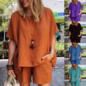 Kvinnors sp￥rningsdr￤kter 2st/set Women Pullover Ladies Suit O Neck Pure Color Top Shorts Bomull Linne Korta upps￤ttningar f￶r sommaren