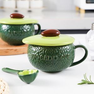 Muggar söt avokadoplatta hand målad underglasyr keramisk kopp med lock kaffe mugg vatten frukt nudel skål servis
