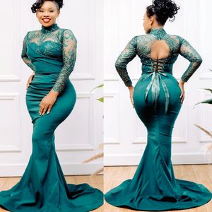 Aso Ebi Lace stain Mermaid Prom Dresses Long Sleeves hunter green african Evening Second Reception Birthday Engagement Dress