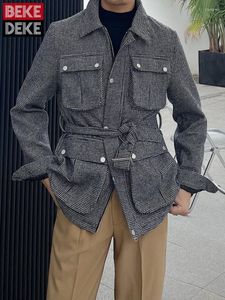 Erkek ceketleri İtalyan erkekler sonbahar kış vintage ekose iş ceketi çok cep avcılık ceket kuşaklı ince fit iş gündelik dış giysiler