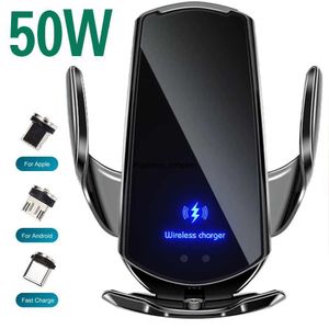 Caricabatterie wireless per auto Qi automatico da 50 W a ricarica rapida per iPhone 13 12 11 Xr x 8 Supporto per telefono con sensore magnetico a infrarossi USB Samsung S22 S21