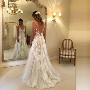 Sexy Wedding Dresses Long V Neck Party Gowns Back Deep Appliques Vestido De Noiva Novia Fotos Reales Luxury Boho Beach