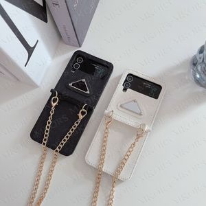Luxuriöse, klassische Design-Leder-Handyhüllen für Samsung Z Flip 2 3 4, vollständiger Schutz mit Kette, Schulterschnur, tragbare Handyhülle, Handtaschen-Abdeckung