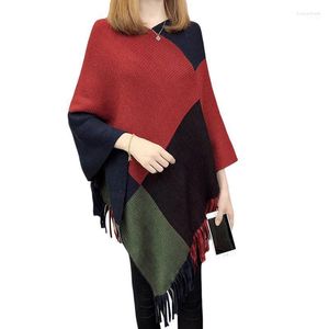 Frauen T-Shirts Frauen T-Shirt Frauen gestrickt Sweater Herbst Winter Farbe Block Langarm Langarm Quasten Dekoration Batwing Cape Pullover