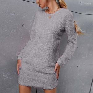 Casual Dresses Autumn Spring Sexig solid färg O Neck Skinny Mini Dress Women Korean Street Long Sleeve Slim Thin Plush tröja