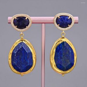 Dangle Earrings Natural Water Drop Lapis Lazuli Sodalite Gold Plated Stud CZ Paved