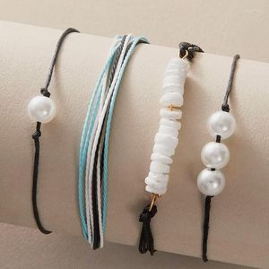 Urok Bracelets 4PCS/Zestaw Bohemian Ethnic Style Kolny ręczny łańcuch linowy dla kobiet mody Perła Black Tkanin Bransoletka