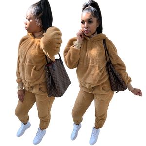 Women 2 piece Long Sleeve Pullover Hooded Sportswea Double Side Fuzzy Fleece Sweatshirt Casual Loose Hoodies with Pockets