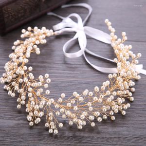 Hårklipp brudpärla pearlband smycken bröllop tiara guld tillbehör kvinnor pannband med garn blad huvudbonad