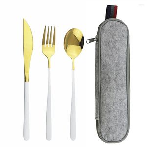 Flatware Sets Set White Gold Travel Cutlery Camping Dinnerware Reusable Utensils With Knife Spoon Fork And Portable Case