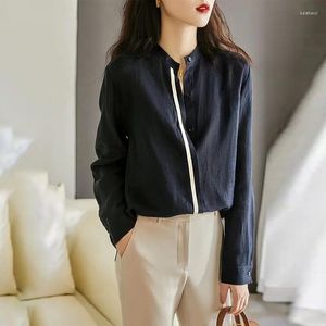 Women's Blouses Ramie Single-breasted Long-sleeved Small Stand-up Collar Shirt Female Design Sense Ladies Tops V-Neck Polyester Silk