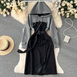 Casual Dresses Spring Fashion Trench Coat Women Hooded Splice tr￤ffar f￤rgen Korean dubbelbr￶st Slim Mid-L￤ngd Tooling Windbreaker