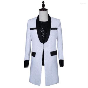 Men's Suits White Sequins Blazer Men Long Designs Jacket Mens Stage Singers Clothes Dance Star Style Dress Punk Rock Masculino Homme