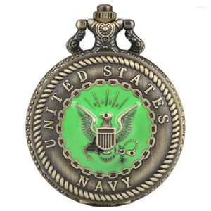 Pocket Watches United State Navy Quartz Watch Bronze Steampunk Antique Green Pendant FOB Sweater Chain Retro Clock för män kvinnor
