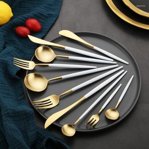 Dinnerware Sets Wholesale Gold Cutlery 18/10 Stainless Steel Frost Dinner Knife Fork Portugal Set Metal Cubiertos Kitchen Accessories