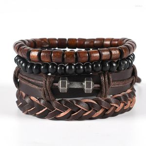 Charm Bracelets Men's Cowhide Braided Bracelet Alloy Dumbbell Accessories Handmade Brown Leather Casual For Men Lace-up