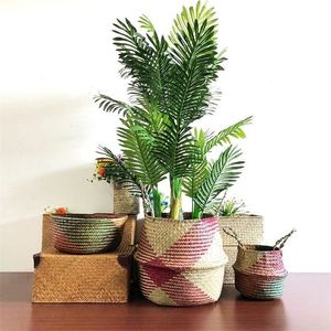 Storage Baskets Handmade Bamboo Foldable Laundry Straw Patchwork Wicker Rattan Seagrass Belly Garden Flower Pot Planter Basket 221028