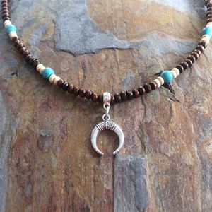 Choker Men's Turquoise Necklace Ox Horn Wooden Beaded