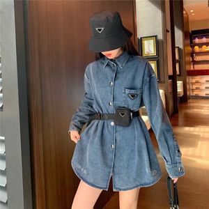 23Casual Denim Shirt Dress Waist Bag Decoration Belt Buckle Dresses Long Sleeve Triangle Label Skirts For Women Streetwear