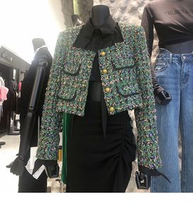 Women's square collar jacket green tweed woolen single breasted short coat SML