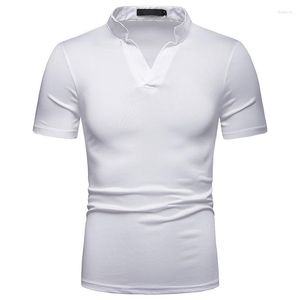 メンズTシャツホワイトヘンリーシャツ素敵なブランドスリム半袖男性トレンドカジュアルvネックティーホムソリッドカラーベーシック